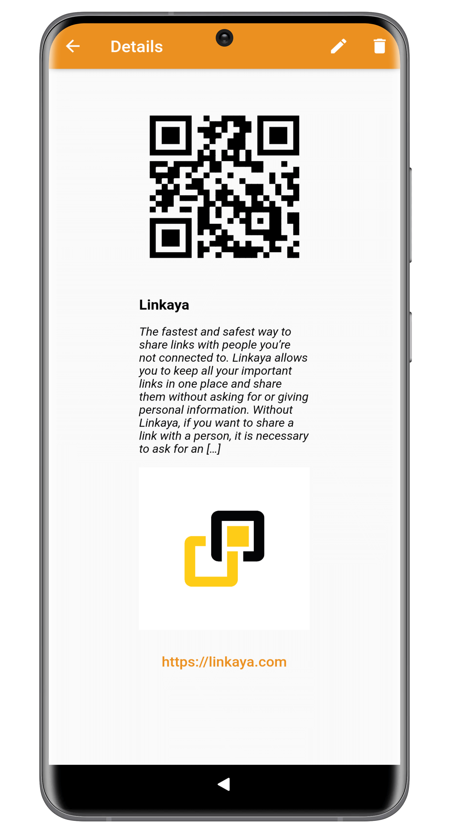 Linkaya share link preview screen with QR code