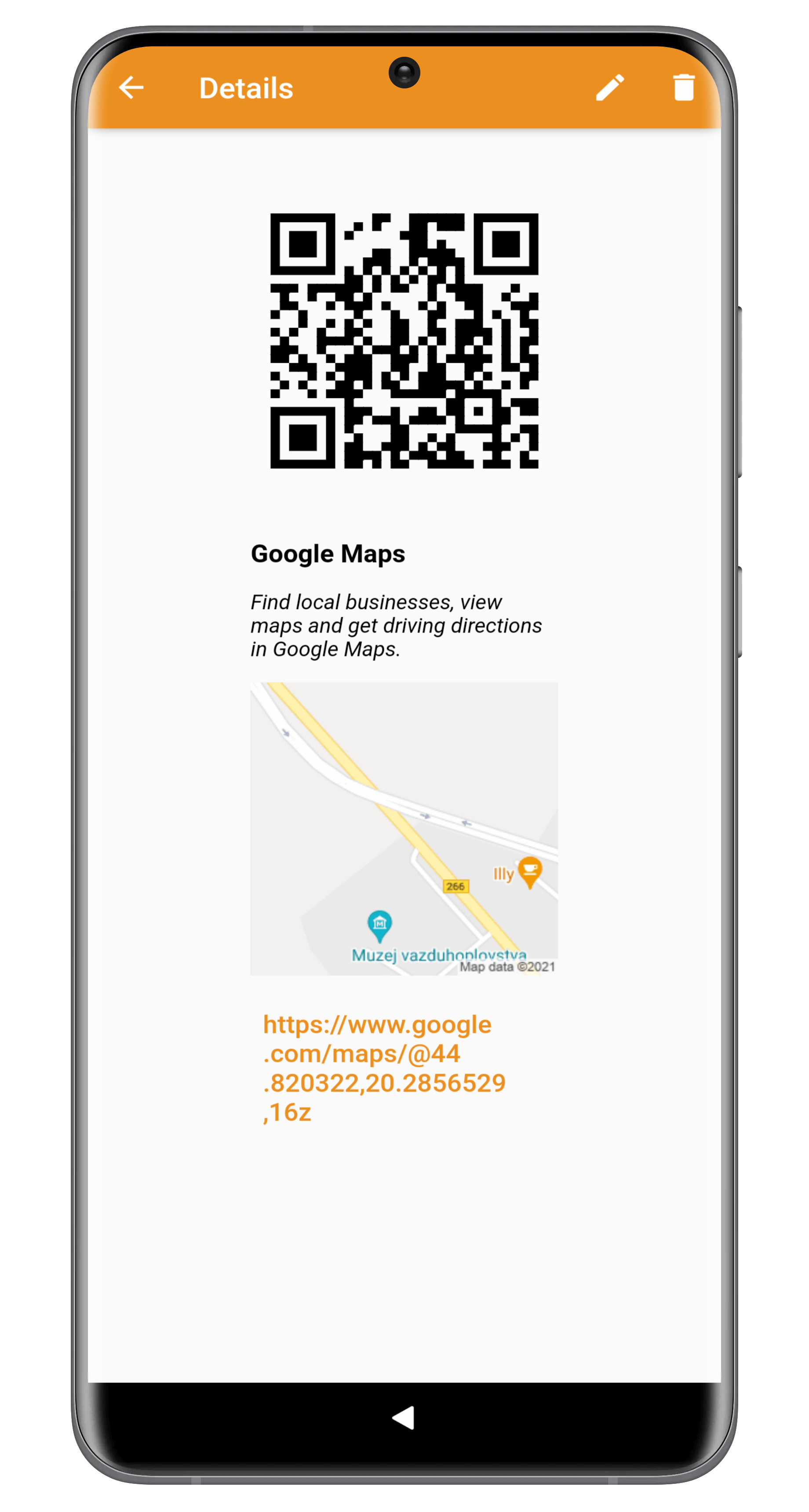 Linkaya Google maps share link preview screen with QR code
